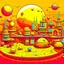 Placeholder: Cartoon space city, orange pink and yellow