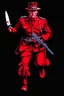 Placeholder: poster of a canadian soldier(uniform and face based on racist steriotypes of canadian soldiers) running towards viewer, a knife i one hand, and a gun(barrel pointing at viewer) in the other. retro poster monochrome with white background