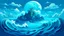 Placeholder: A cyan island with raging waves in Surrealism art style