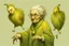 Placeholder: Artist Jean-Baptiste Monge style. A biomorph banana-headed old woman. White eyes. A yellow dotted green furry feathered fluffy dress.