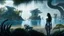 Placeholder: Detailed matte painting of a wide-angle shot of a woman, standing on the right side of an alien beach, with dark hair in a silver robotic catsuit, many large floating creatures with shells and long tentacles, alien jungle trees in the distance