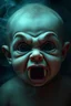 Placeholder: hyper realistic image of the most horrifying, creepiest baby face with big eyes and fangs ever, with dark fog emanating, epic aesthetic, dark color grading, dark weather aesthetic, extremely terrifying, horror movie inspired, retro camera