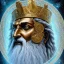 Placeholder: photo realistic, symetrical, centered, ultra detailed, digital art, in center is a portrait of highly detailed greek colossus god zeus wearing futuristic high tech rave glasses surrounded by galaxy codes seeking knowledge, gray beard, crown filled with crystals, detailed face with human skin color, eyes filled with galaxy, dominating colors = gray light blue and dark gold, lightning, smoke,