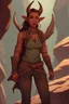 Placeholder: A DnD character. A female horned Tiefling ranger with pointy ears standing in a cave. The Tiefling has a little pterosaurs on her shoulder.