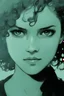 Placeholder: Portrait of a young female with short black curly hair, with a tanned skin complexion, drawn in the Yoji Shinkawa style.