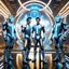 Placeholder: (masterpiece, best quality, 8k, RAW photo, beautiful and aesthetic:1.2), complex detail, Indirect light, photorealistic, (((full body))), Meeting of a group of caucasian and asian cosmic male gods smiling, Mixed, sci-fi and cyborg outfit Tron like with golden futuristic artifacts, white, blue and silver elements- Inside a great room of a flying saucer with a round hublot showing a galactic sunset