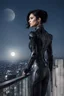Placeholder: Photo Of A slim Woman With Black Hair, Wearing An android-looking suit, standing sideways On A Ledge of a building, With A waning moon Behind Her Head