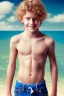 Placeholder: full body image of a beautiful 12 year old boy with long, blonde curly hair and light blue eyes, smiling, holding an apple in his right hand, shirtless, in front of a distant beach