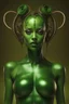 Placeholder: inspired by all the works of art in the world - A Fantastical Heavy Metal Rock and Roll Comedy in 3 notes - Zym Fandell, an extremely tiny, thin, voluptuous beautiful Green Martian female, wearing a skinsuit, Absolute Reality, Reality engine, Realistic stock photo 1080p, 32k UHD, Hyper realistic, photorealistic, well-shaped, perfect figure, perfect face, a multicolored, watercolor stained, wall in the background,