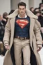 Placeholder: Men winter fashion runway modern clothes inspired by Superman design style clothes, elegant beige tones