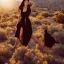 Placeholder: Isane pretty young woman Top Model in a stunning maximalist short flowy dark dress, vogue, 8k, ektar, joshua tree, fashion. golden hour cinematic, rebecca guay, frank frazetta.