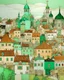 Placeholder: A mint colored town with instrument shaped buildings painted by Gustav Klimt