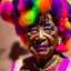 Placeholder: masterpiece, best quality, old woman, dark skinned, sparkling eyes, fluorescent skin, colorful makeup, afro, head shot, highly detailed body, sun light, 4K, RAW, depth of field, high contrast, realistic details, 24mm