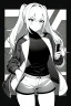 Placeholder: blonde girl with ponytails dressed in a jacket and shorts makes its way in the dark, greyscale