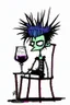 Placeholder: 2d drawing of a stickman, cool with punk hair, x eyes like in hangman, sitting on chair with wine glass,3d realistic in colour