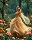 Placeholder: Realistic Photography Beautiful Princess dancing in Wild garden, flower beds, fractal ornamentation, over detailed, gloriously full and confusing, nothing that really exists, everything made up, fantasy world, sweet briar, photography graphic art, song birds, ochre rose, rose buds, dewy morning, forest of oaks,