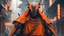 Placeholder: samurai robot in orange cloak in a cyberpunk environment