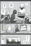 Placeholder: hacker girl use a laptop sitting next o other peoples in a cafe, line arts, greyscale