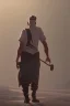 Placeholder: An old man wearing an Arabic keffiyeh, his back bent, walking barefoot, holding his cane upside down, looking back and holding his shoe in his hand.