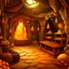 Placeholder: Cartoon Whimsical Fantasy shop in a cave, brown stones and yellowish orange light crystals