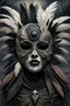 Placeholder: An surreal stunning image of a crepy ritualistic Feathered face Mask mutant witd dark eyes, pale skin, on creature, with dark muted tones, a grim and weird atmosphere, textured impasto-like effect with ink, intricate details, surreal vibe, expressive focusing, muted tones, gradients, thriller and utopistic mood, in background barren landscape, ruins, dark shadows