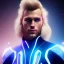 Placeholder: Handsome cosmic man realistic, blond hair, blue eyes, tron glitter suit, blue lights, stars in background, unreal engine 5