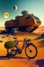 Placeholder: A weird abstract image of an oasis, a camel, astronot, broken bicycle, bush of black old roses, clear skies with red moon, army tanker, weird, chaos80, surrealism