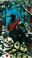 Placeholder: A contemporary serigraphy by Matisse and Kunisada of a human-like raven adorned in a punk leather jacket within a snowy Christmas atmosphere.