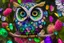 Placeholder: Owl made of gemstones and jewels in a flowergarden in sunshine