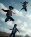 Placeholder: Ultra realistic thriller sky scene, portrait, Childs jumping flying with trinkets, smile, happy, Wes Anderson style, wind, clouds, color fog, soft color, highly detailed, unreal engine 5, ray tracing, RTX, lumen lighting, ultra detail, volumetric lighting, 3d, finely drawn, high definition, high resolution.