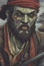 Placeholder: close up portrait of a zombi as a pirate, 2d style, background on a boat