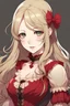 Placeholder: Personaje de anime femenina, con cabello rubio y largo, piel bien blanca, vestido de epoca victoriana color rojo intenso. rostro en forma de v y delgado, mirada seria
