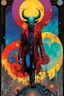 Placeholder: Create a chaotic abstract cubist Tarot Card depicting a full body post apocalyptic, The Devil , with highly detailed facial features, in the style of Bill Sienkiewicz, Philippe Druillet, Gustav Klimt, and Jean Giraud Moebius, precisely drawn, colored and inked