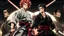 Placeholder: yujiro hanma vs yoriichi tsugukuni, baki vs kimetsu no yaiba, two mans standing in front of each other, a big strong man in black shirt with red hair and evil grin in martial art's stance facing a smaller feminine swordsman with long hair and calm face reaching for his sword in traditional japanese clothes both preparing to fight each other