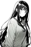 Placeholder: girl in love with long hair thinks in a loose sweatshirt, line arts, greyscale,