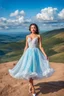 Placeholder: full-body closeup shot of a young, beautiful girl with a perfect face and makeup,wearing pretty dance dress standing in a stage in open air nice hills , blue sky ,pretty clouds at distant