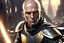 Placeholder: star wars bald male corellian jedi pilot wearing black and gunmetal grey old republic armored robes with gold trim, alone, battle-ready Jedi Master defending a ruined ancient city surrounded by golden light, centered head and shoulders portrait, hyperdetailed, dynamic lighting, hyperdetailed background, 8k resolution, volumetric lighting, light skin, fully symmetric details