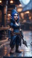 Placeholder: full figure with metallic stone gauntlets holding dark blue jagged dagger, standing on wet tiled floor outside fantasy tavern, female vampire gnome from worms armageddon wearing makeup, bokeh like f/0.8, tilt-shift lens 8k, high detail, smooth render, down-light, unreal engine, prize winning