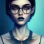 Placeholder: three Girl, short hair, glasses, sueter, darkblue tones, face tattoo,