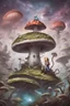 Placeholder: Alice in Wonderland, in a space suit, sitting on a huge mushroom with tentacles hanging down, in an alien landscape