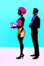 Placeholder: Love is in town. Prompt: Stylized 3D cartoon woman in profile view with long elegant proportions and smooth dark skin tone. Wearing a color-block mini skirt and sleeveless top. Her head wrapped in a turban and accessorized with bracelets and pearl earrings. Holding a small gift box with ribbon in her hands. Accompanied by a tall male companion in matching stylized design. Set against a soft studio backdrop --ar 2:3 --profile sng3ui9 --stylize 300 --draft