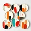 Placeholder: "Create a set of six round plates, each featuring an abstract design inspired by the fifth image. Use elongated cylindrical shapes decorated with a mix of bold and subtle colors like red, orange, black, turquoise, and off-white. Integrate organic patterns such as dots, curved lines, and patches of contrasting hues to create a visually engaging, textured look. The design should evoke an artistic, modern feel with a playful, handcrafted touch, making each plate a unique yet cohesive piece in the s