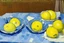 Placeholder: Lemons on a table with a blue napkin, impressionnist oil on canvas by Paul Cézanne, 1887, broad brushstrokes, canvas relief