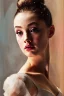 Placeholder: close up realistic portrait of a beautiful ballerina, stretching next to a mirror, in impasto style, thick strokes of oil paint, realistic thick textures