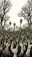 Placeholder: a field of thousands of hands of bodies rising up from the ground not visible, horror, hands in different shapes coming out from the ground towards the sky Busch painting style nightmare and thin line draw, a dry tree with out branches in the middle