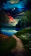 Placeholder: forest trail, trail of flowers, dusk by a lake.dark blue background with clouds and one bird in the horizon