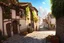 Placeholder: hinney walking on a path in Thira, Greece, baskets with vegetables on his back, cobblestone pavement, hyper realistic, detailed, accurate, beautifully ornamented houses, open aperture, style Isabel Kreitz