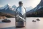 Placeholder: A futuristic (((metal bottle))) with interwoven components that allow for wirelessly controlled temperature settings, featuring clean lines and modern design. Set the scene alongside a (smartphone) for reference. Put a mountain landscape in the background