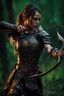 Placeholder: female warrior aiming a bow and arrow wearing leather half armour dark fantasy Realistic 4k