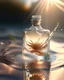 Placeholder: A delicate and noble glass perfume bottle was placed in the middle of the water,The sunlight asperses full, on the water flutters falls the petal, has the dew, the crystal clear feeling, the warm color tone,Headshot, Center the composition,Hyper-realistic style, realistic, photography, high detail, high quality, high resolution, 8k